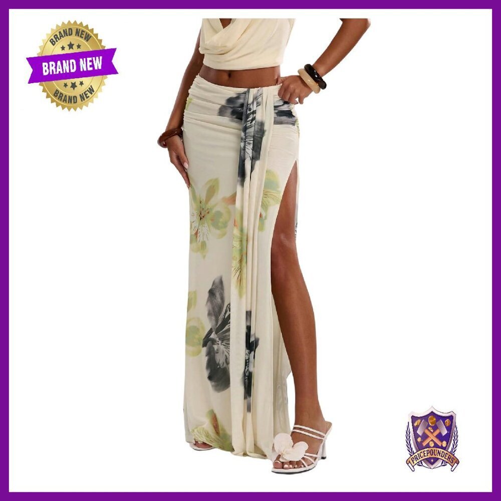 Stretchy Polyester Maxi Skirt Ruched Bodycon Low Waist Split